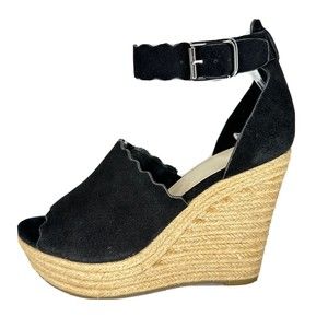 Marc Fisher espadrille wedge sandals heels size 7 black Haya scalloped Peep Toe